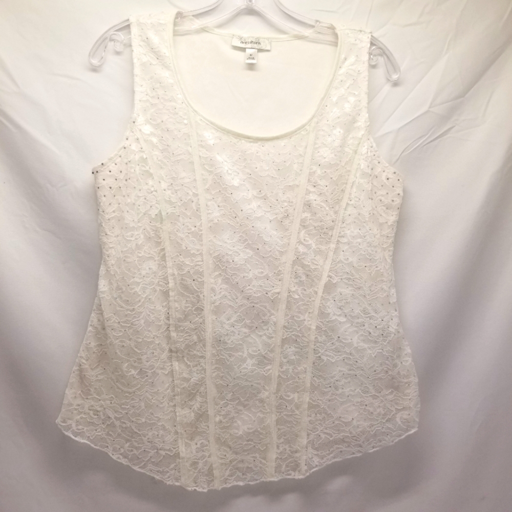 Dress Barn Womans Size M Tank Top White Lace Lining Satin Trimming Sleeveless